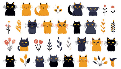 面白い猫の動物の頭の漫画は、カラフルなフラット イラスト スタイルで設定されています。かわいい子猫のペット コレクション、多様な飼い猫。