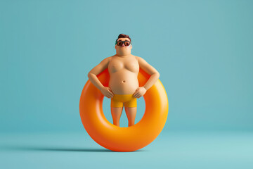 cute cartoon character with a rubber pool ring on vacation.. 3D render style - obrazy, fototapety, plakaty