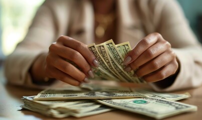 Close-up of a businesswoman's hands counting money