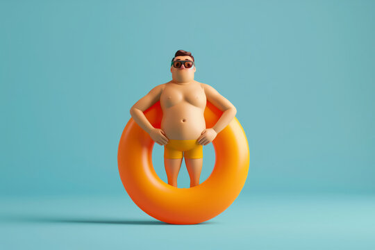 cute cartoon character with a rubber pool ring on vacation.. 3D render style