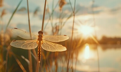 Close-up of a dragonfly perched on a reed - Powered by Adobe