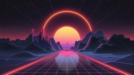A simple vector illustration for print featuring a stargate-like portal to Dimension X, a space dimension, and the future world of technology. The portal emerges between mountains, offering a glimpse - obrazy, fototapety, plakaty