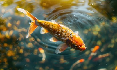 Close-up of a koi fish gliding through the clear waters of a pond