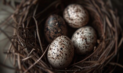 Naklejka na ściany i meble Close-up of a nest with speckled eggs