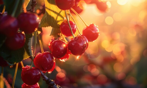 Close-up of a cluster of ripe cherries glistening in the sunlight