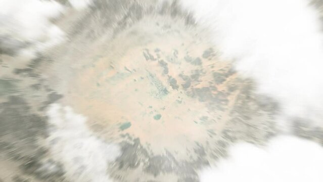 Earth zoom in from space to Fada, Chad. Followed by zoom out through clouds and atmosphere into space. Satellite view. Travel intro. Images from NASA