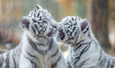Close-up of a white tiger cubs paying together - obrazy, fototapety, plakaty