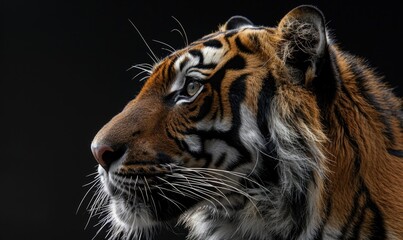 Close-up of a Siberian tiger's face under studio lights - obrazy, fototapety, plakaty