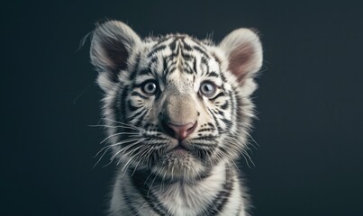 Close-up of a white tiger cub playing under studio lights - obrazy, fototapety, plakaty