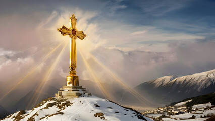 Golden cross on a mountain. Holy cross symbolizing the death and resurrection of Jesus Christ with The sky. mountain, photography, religion, christianity, color image, outdoors, travel, gold colored - obrazy, fototapety, plakaty