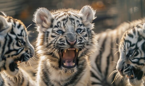 Close-up of a white tiger cubs paying together