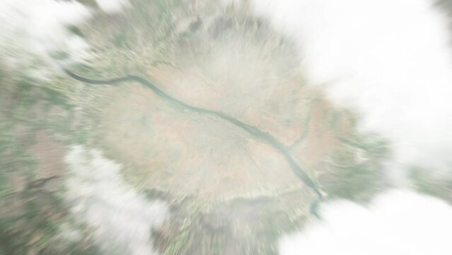 Earth zoom in from space to Kayes, Mali. Followed by zoom out through clouds and atmosphere into space. Satellite view. Travel intro. Images from NASA