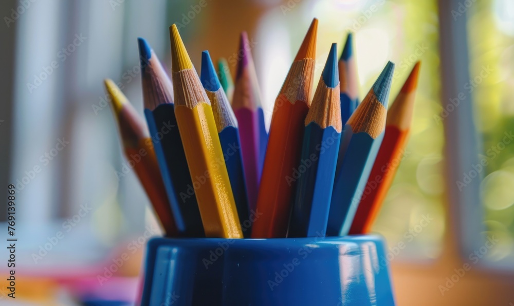 Poster close-up of a bunch of colored pencils, abstract background with colored pencils macro view