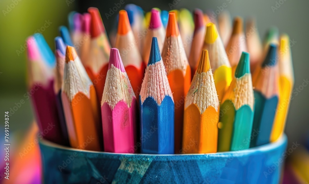 Poster close-up of a bunch of colored pencils, abstract background with colored pencils macro view