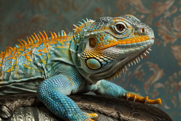 Fototapeta premium A purebred lizard poses for a portrait in a studio with a solid color background during a pet photoshoot.