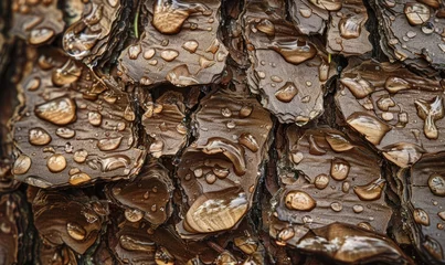 Wandaufkleber Close-up of cedar bark with raindrops clinging to its textured surface © TheoTheWizard