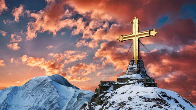 Golden cross on a mountain. Holy cross symbolizing the death and resurrection of Jesus Christ with The sky. mountain, photography, religion, christianity, color image, outdoors, travel, gold colored