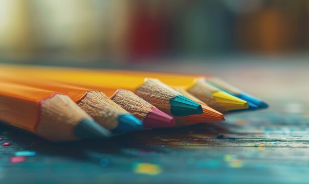 Close-up of a bunch of colored pencils, abstract background with colored pencils macro view