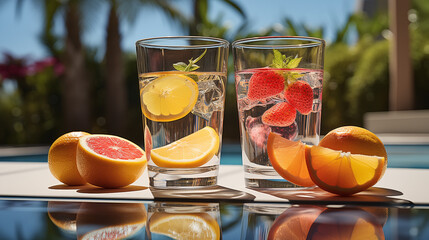 Two glasses of water with lemon, strawberries, and citrus slices
