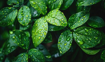 Close-up of raindrops clinging to vibrant green leaves in a lush garden