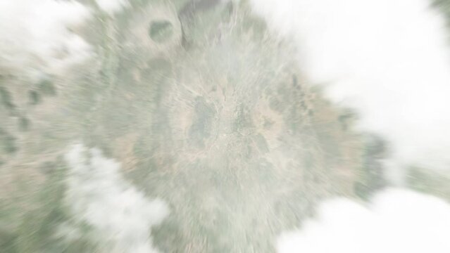 Earth zoom in from space to Mongo, Chad. Followed by zoom out through clouds and atmosphere into space. Satellite view. Travel intro. Images from NASA