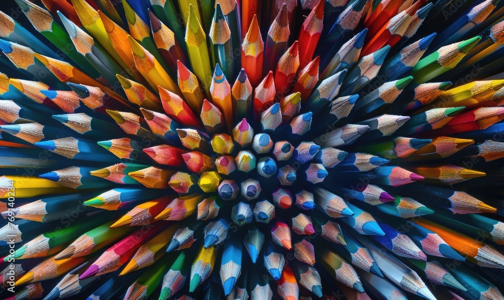 Poster colored pencils arranged in a circular pattern