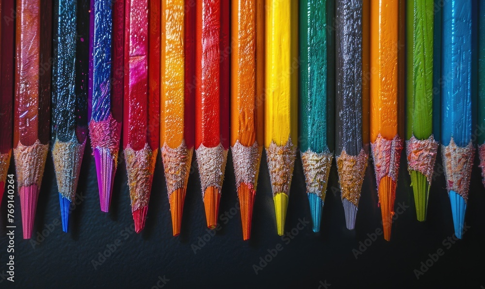 Poster colored pencils arranged neatly in a row
