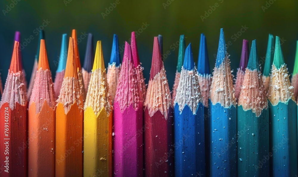Poster colored pencils arranged neatly in a row