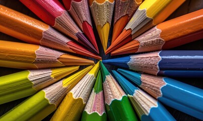 Naklejka premium Colored pencils arranged in a circular pattern