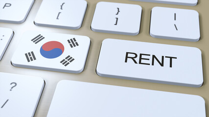 South Korea Rent Concept. 3D Illustration. Country Flag with Text Rent on Button
