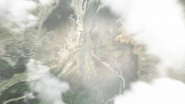Earth zoom in from space to Mopti, Mali. Followed by zoom out through clouds and atmosphere into space. Satellite view. Travel intro. Images from NASA