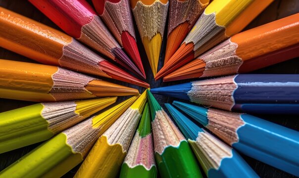 Colored pencils arranged in a circular pattern