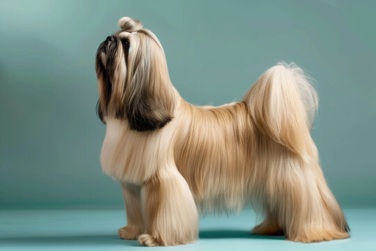 A purebred dog poses for a portrait in a studio with a solid color background during a pet photoshoot.

