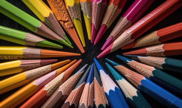 Colored pencils arranged in a circular pattern