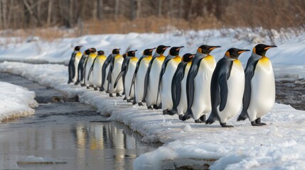 Obraz premium a group of penguins standing next to each other on a snow covered ground next to a small body of water.