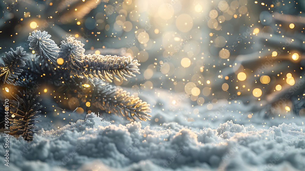 Poster beautiful winter background image of frosted spruce branches and small drifts of pure snow with boke