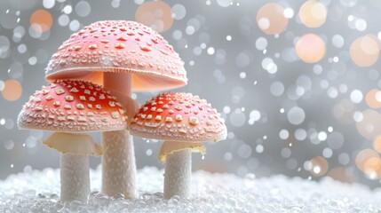 a couple of pink mushrooms sitting on top of a pile of snow covered ground next to a light colored background. - obrazy, fototapety, plakaty