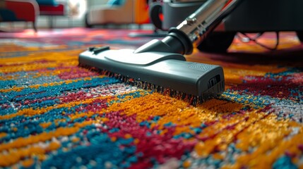 Close-up of a vacuum cleaner head on a colorful, patterned rug. Thorough carpet cleaning. Concept of household chores, deep cleaning, and vibrant home decor. - obrazy, fototapety, plakaty