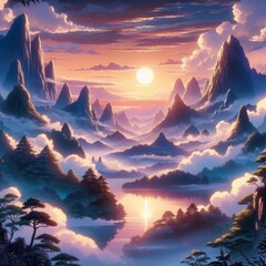 Anime background illustration depicting a dramatic clouds pattern over a hill, creating a captivating landscape scene.
