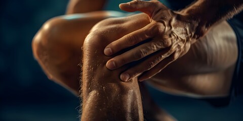 Closeup of a man massaging his leg to relieve discomfort from an injury or arthritis. Concept Pain Relief, Leg Massage, Injury Recovery, Arthritis Treatment, Discomfort Management