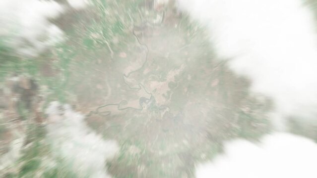 Earth zoom in from space to Bafata, Guinea-Bissau. Followed by zoom out through clouds and atmosphere into space. Satellite view. Travel intro. Images from NASA