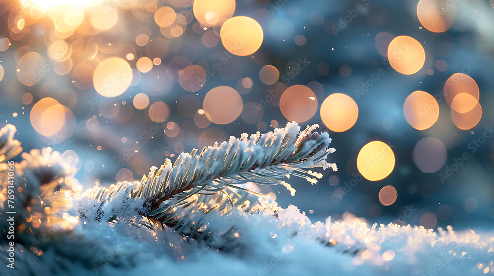 Poster beautiful winter background image of frosted spruce branches and small drifts of pure snow with boke