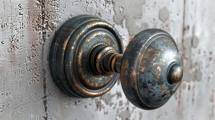 Antique door handle on a distressed wooden door. Vintage doorknob with character. Concept of the passage of time, old-world charm, and enduring style. - obrazy, fototapety, plakaty