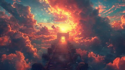Stairs rising to a glowing archway amidst celestial clouds. Pathway ascending to a luminous portal through the heavens. Concept of ascension, divine entry, mysticism, and surreal exploration. Art