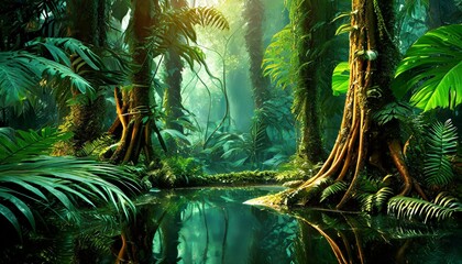 Digital artwork of a lush green rainforest