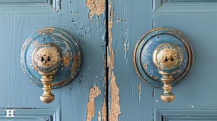 Weathered blue door handles on peeling paint doors. Aged and distressed doorknobs. Concept of historical homes, architectural salvage, patina finish, and antique restoration.