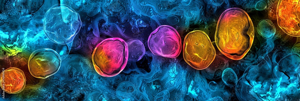Poster microscopic view of cells, bacteria and viruses. close-up of pathogens and microscopic organisms. vi