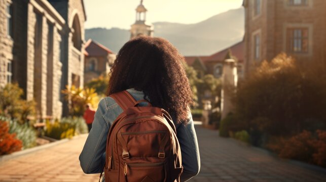 African American immigrant student exploring university campus. Young woman refugee with backpack. Concept of education, new beginnings, immigrant journey, diversity, cultural assimilation. Back view
