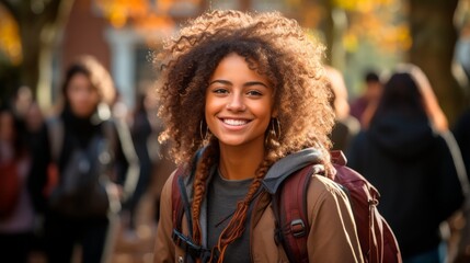African American female student with a backpack at a university campus. Young woman. Concept of academic aspirations, higher education, student diversity, new beginnings, and cultural integration. - obrazy, fototapety, plakaty
