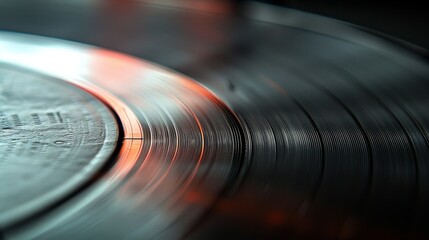 Close-up of vinyl record grooves with focused detail. Shiny vinyl surface reflecting light. Concept of vintage, music recording, audiophile culture, vinyl resurgence. Backdrop. Copy space - obrazy, fototapety, plakaty